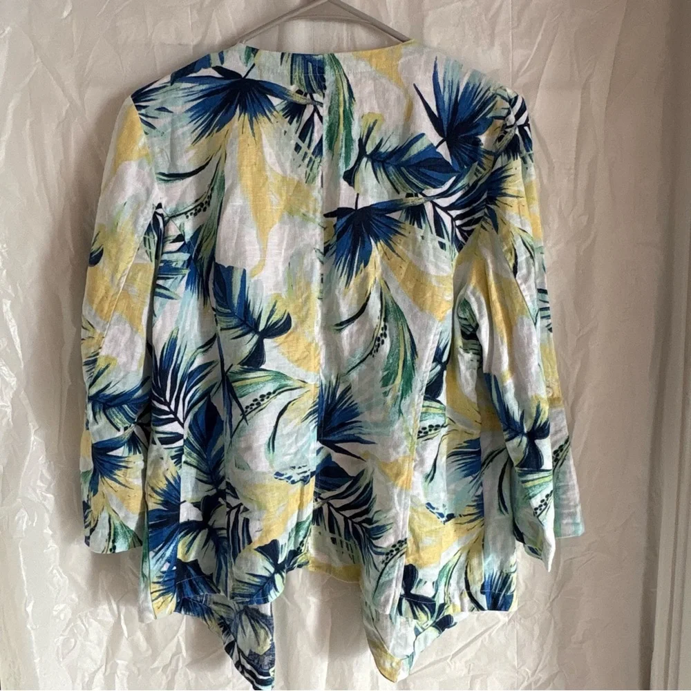 Chico’s Tropical Garden Linen Open Drape Front Jacket Women’s Sz Medium Blue
